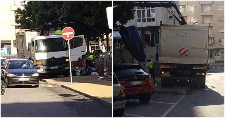 Camião de recolha de lixo sobe passeio em Braga para deixar transitar os carros