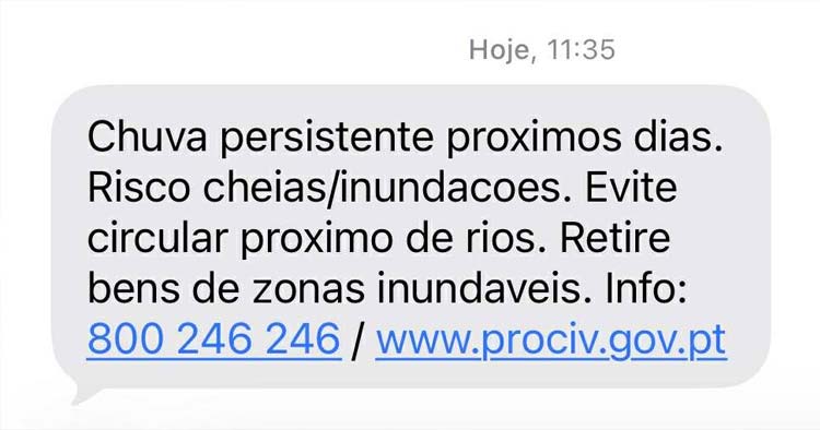 Proteção Civil envia SMS a alertar para chuva persistente e risco de cheias