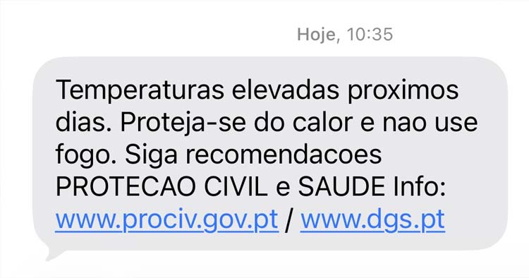 Proteção Civil envia SMS a alertar para calor extremo e proibição do uso de fogo